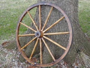 Large wooden wheel next to a tree
